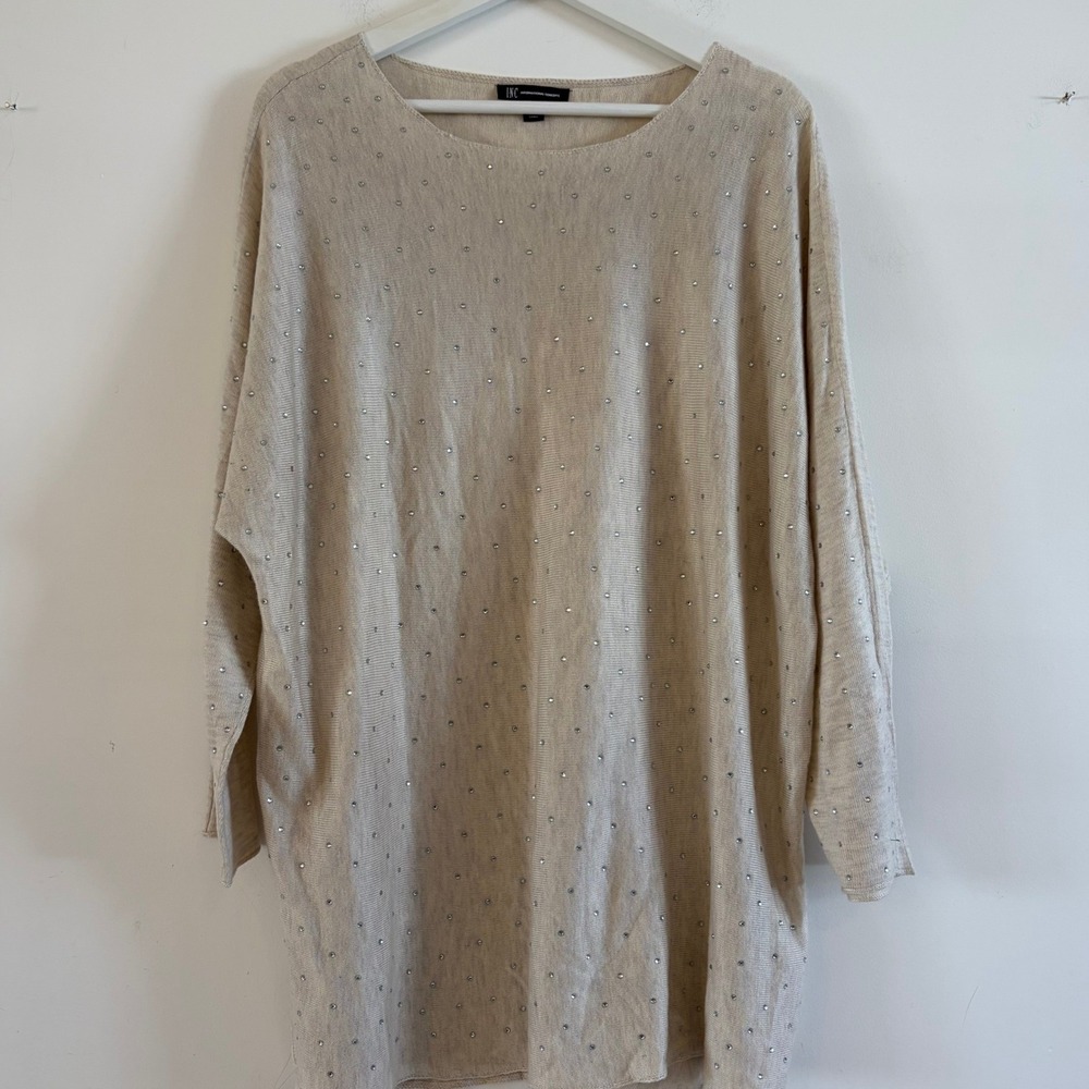 INC International Concepts Womens 1X Oatmeal Rhinestone Dolman Tunic Sweater